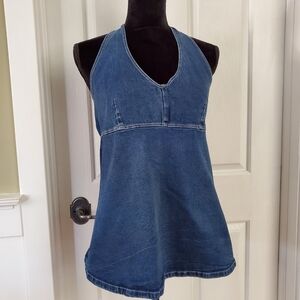 Stretch Denim Halter Top With Red Checkered Lining